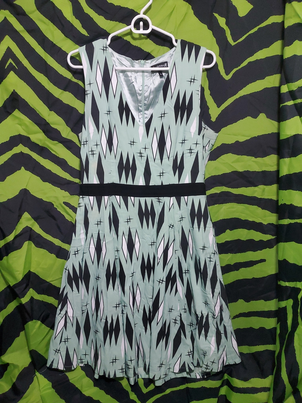 Sourpuss Mint and Black Geo-Print Fit & Flare Dress